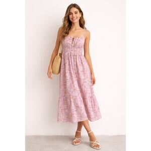 H&M Floral Smocked Midi Dress | Pink Cottagecore Sundress
